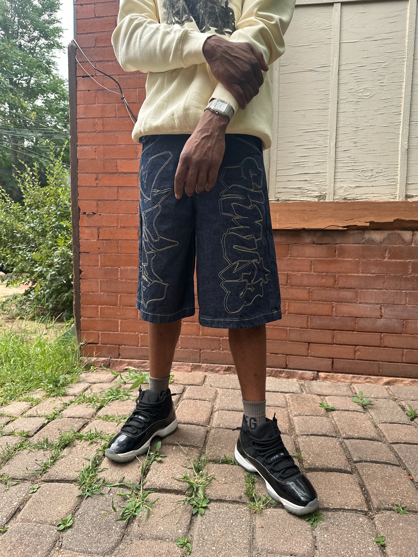 Cut and Sew Graffiti Jean Shorts