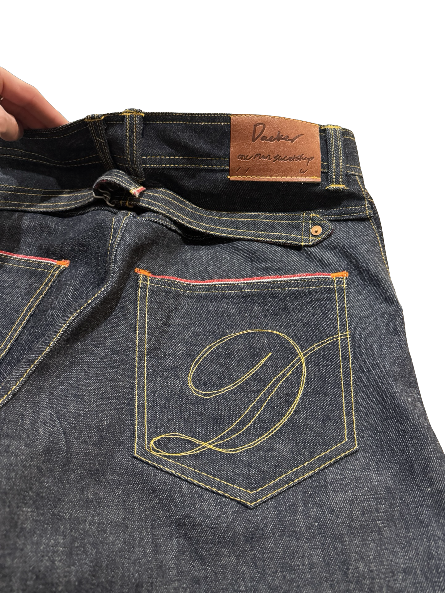 Mule pocket buckle back selvedge denim jeans 36x32