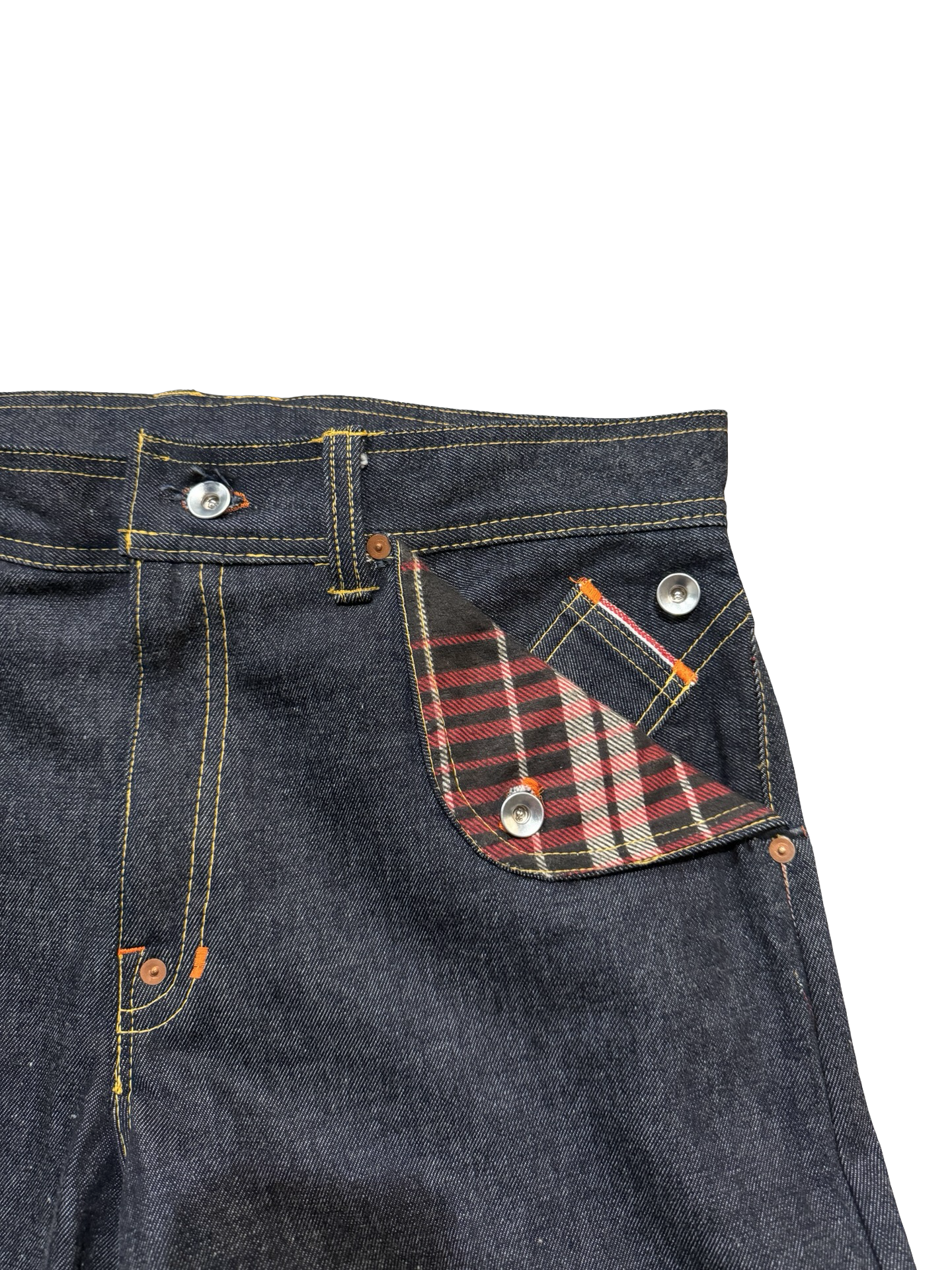 Mule pocket buckle back selvedge denim jeans 36x32