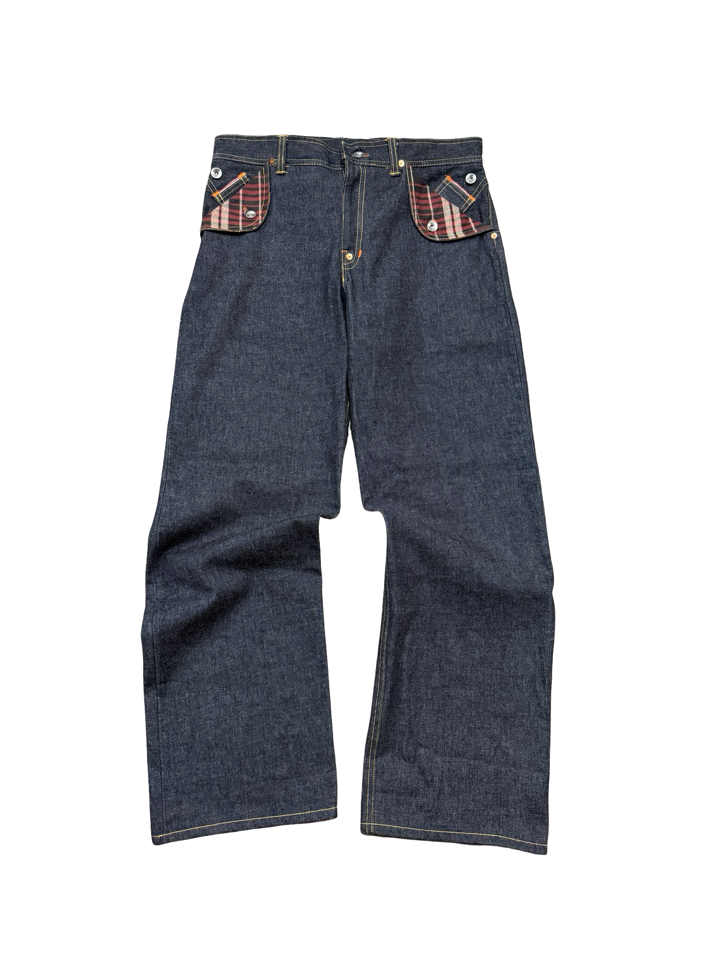 Mule pocket buckle back selvedge denim jeans 36x32