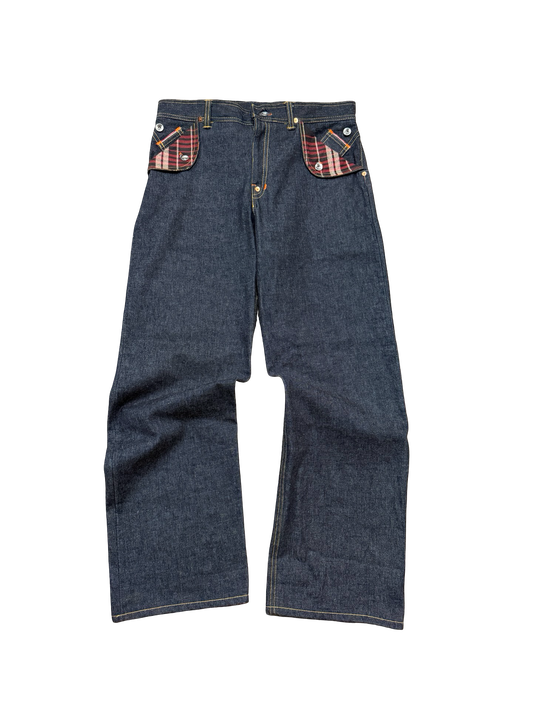 Mule pocket buckle back selvedge denim jeans 36x32