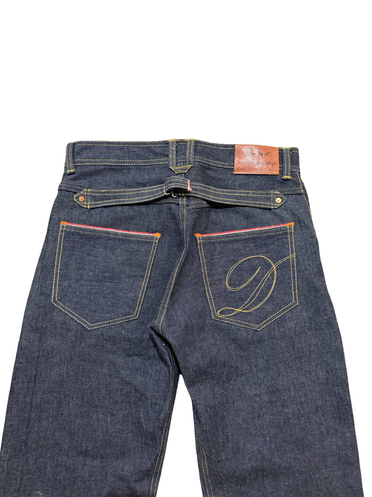 Mule pocket buckle back selvedge denim jeans 36x32